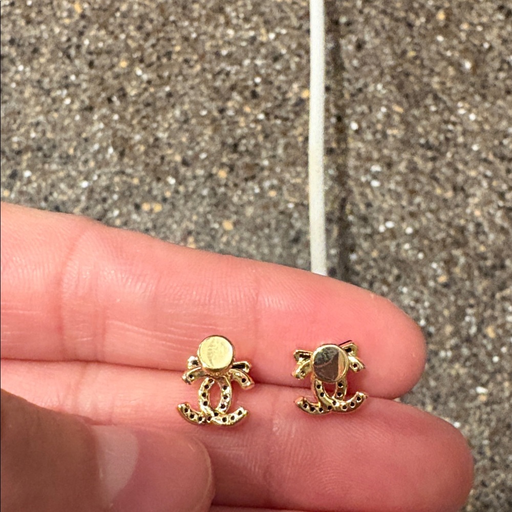 CC Boutique Gold and Black Interlocking Logo Bow Stud Earrings - Picture 4 of 4